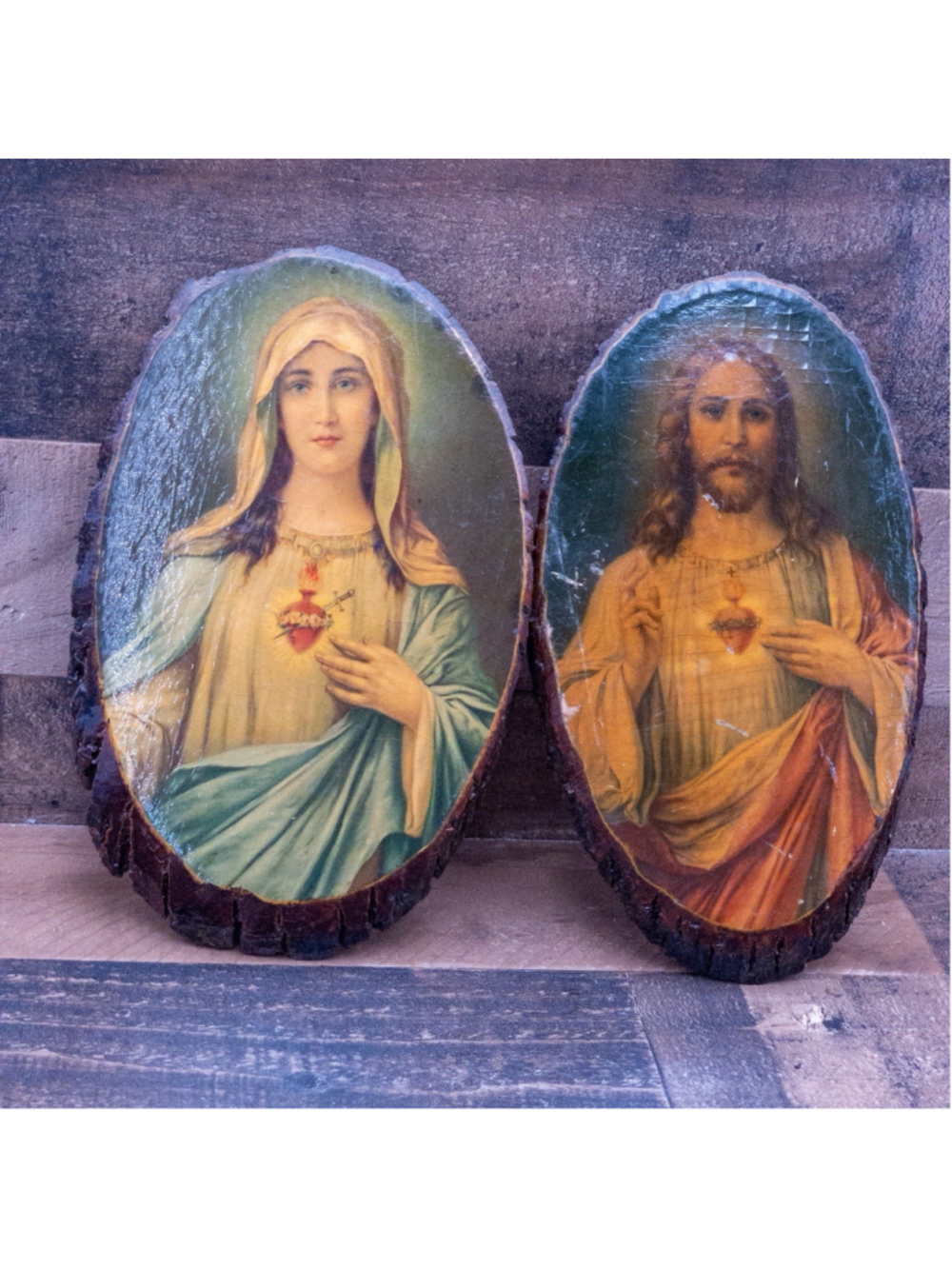 SACRED HEART OF JESUS IMMACULATE HEART OF MARY WOOD SLICE PLAQUE ART 10X5.5 VTG
